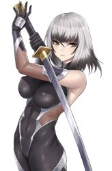 Rule 34 | 1girl, bare shoulders, black bodysuit, black gloves, bodysuit, breasts, cameltoe, character request, covered erect nipples, covered navel, crossed bangs, expressionless, gloves, grey hair, hands up, highres, holding, holding sword, holding weapon, kurone rinka, large breasts, looking at viewer, medium hair, simple background, skin tight, solo, sword, toji no miko, weapon, white background, yellow eyes