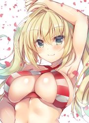 Rule 34 | 1girl, :3, arm up, armpits, bikini, blonde hair, blush, breasts, fate/grand order, fate (series), green eyes, highres, large breasts, looking at viewer, nero claudius (fate), nero claudius (fate) (all), nero claudius (swimsuit caster) (fate), petals, solo, striped bikini, striped bikini top, striped clothes, suzunone rena, swimsuit, twintails, upper body, white background