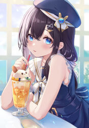 Rule 34 | 1girl, ao no neko, bare shoulders, beret, black hair, blue dress, blue eyes, blue hat, bow, collarbone, commentary request, dress, drink, drinking straw, hair between eyes, hair ornament, hairclip, hat, highres, ice, ice cube, indoors, long hair, looking at viewer, original, parted lips, sailor collar, sailor dress, sleeveless, sleeveless dress, solo, white bow, white sailor collar, window