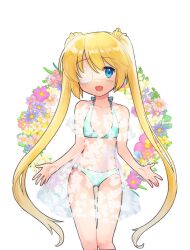 Rule 34 | 1girl, :d, \||/, aqua bikini, arms at sides, bikini, blonde hair, blue eyes, blush, breasts, collarbone, colored eyelashes, commentary, cowboy shot, dress, eyepatch, eyes visible through hair, floral background, floral print, gluteal fold, hair between eyes, halterneck, highres, long hair, looking at viewer, may salamanya, nakatsu shizuru, one eye covered, open mouth, rewrite, see-through, see-through dress, short dress, simple background, small breasts, smile, solo, standing, straight-on, straight hair, swimsuit, twintails, very long hair, white background, white dress