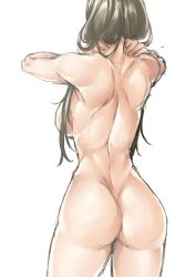 Rule 34 | 1girl, ass, back, backboob, breasts, brown hair, cowboy shot, from behind, large breasts, long hair, nakamura regura, nude, original, simple background, sketch, solo, standing, white background