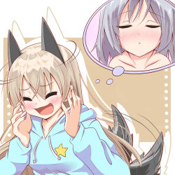 Rule 34 | 2girls, animal ears, bad id, bad pixiv id, blonde hair, blush, eila ilmatar juutilainen, closed eyes, fang, fox ears, fox tail, hajime (kin&#039;you club), hood, hoodie, imagining, incoming kiss, long hair, multiple girls, official alternate costume, sanya v. litvyak, short hair, silver hair, strike witches, tail, tail wagging, world witches series