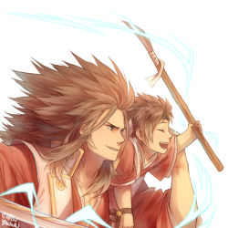 Rule 34 | 2boys, artist name, bell, blue eyes, brown hair, child, closed eyes, father and son, fatherly, fire emblem, fire emblem fates, hasuyawn, japanese clothes, katana, long hair, male focus, multiple boys, nintendo, open mouth, polearm, ryoma (fire emblem), shiro (fire emblem), simple background, spear, sword, teeth, weapon, white background