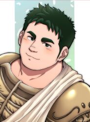 Rule 34 | 1boy, armor, bara, cape, commentary, crave saga, feathers, gold armor, green eyes, green hair, highres, looking at viewer, male focus, oskn tengoku, shmiel (crave saga), simple background, smile, thick eyebrows, twitter username, upper body, white cape