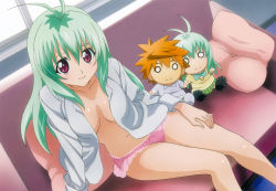 Rule 34 | 1girl, absurdres, antenna hair, arm support, blush, body blush, bow, bow panties, bowtie, breasts, breasts apart, character doll, chibi, cleavage, couch, cushion, doll, dress shirt, dutch angle, green hair, hair between eyes, hand on thigh, highres, huge filesize, indoors, lace, lace-trimmed panties, lace trim, leaning, light smile, long hair, long sleeves, looking at viewer, navel, no bra, no pants, no pupils, o o, official art, open clothes, open shirt, orange hair, panties, pillow, pink eyes, pink panties, plaid, plaid skirt, run elsie jewelria, scan, school uniform, shirt, short hair, sitting, skirt, smile, solo, spiked hair, to love-ru, underwear, white shirt, window, yuuki rito