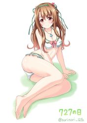 Rule 34 | 1girl, bikini, blush, bow, bow bikini, breasts, brown hair, cleavage, commentary request, flower knight girl, hairband, jewelry, light brown hair, long hair, looking at viewer, lying, nazuna (flower knight girl), norinori 12th, pendant, red eyes, sitting, smile, solo, swimsuit, twitter username, white background