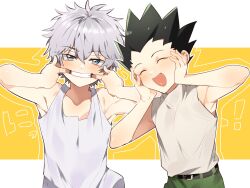 2boys :d ^_^ armpits belt black_hair child closed_eyes gon_freecss green_shorts grey_hair hands_on_own_face hands_up highres hunter_x_hunter killua_zoldyck letterboxed looking_at_viewer male_focus mouth_pull multiple_boys no_jacket open_mouth outline outside_border saba_miso shirt shirt_tucked_in shorts sleeveless sleeveless_shirt smile teeth turtleneck upper_body white_outline white_shirt