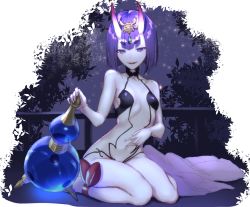 Rule 34 | 1girl, bob cut, breasts, eyebrows, fangs, fate/grand order, fate (series), hand on own stomach, horns, looking at viewer, matsuharu (lip-mil), navel, oni, open mouth, pale skin, purple eyes, purple hair, short hair, shuten douji (fate), sitting, skin-covered horns, small breasts, smile, solo, spread navel, wariza