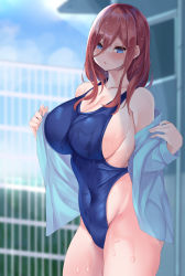 Rule 34 | 1girl, absurdres, blue eyes, blue jacket, blue sky, blue one-piece swimsuit, blush, breasts, brown hair, cleavage, collarbone, competition swimsuit, covered navel, fence, go-toubun no hanayome, hair between eyes, highres, jacket, large breasts, long hair, looking at viewer, micosiva, nakano miku, one-piece swimsuit, open clothes, open jacket, open mouth, outdoors, removing jacket, sideboob, sky, solo, swimsuit, wet, wet clothes, wet hair, wet swimsuit
