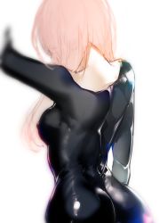 Rule 34 | 1girl, ajahweea, back, back focus, bad id, bad pixiv id, black bodysuit, bodysuit, breasts, covered erect nipples, from behind, highres, latex, latex suit, long hair, nape, original, pink hair, simple background, sketch, skin tight, solo, upper body, white background