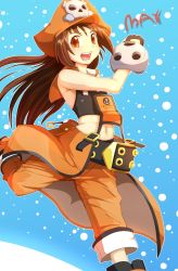 Rule 34 | 1girl, arc system works, belt, belt buckle, blush, brown eyes, brown hair, buckle, clothes around waist, fingerless gloves, flat chest, gloves, guilty gear, hat, long hair, may (guilty gear), midriff, orange hat, orange shirt, pants, pants rolled up, pirate hat, sailor collar, shirt, skull and crossbones, smile, solo, yu yun
