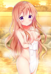 Rule 34 | 1girl, arm under breasts, blurry, blurry background, blush, brown hair, closed mouth, collarbone, commentary request, covering privates, cowboy shot, depth of field, fence, gochuumon wa usagi desu ka?, groin, hair censor, hair over breasts, hand up, hoto mocha, long hair, nude cover, onsen, outdoors, purple eyes, rikatan, smile, solo, steam, sunset, towel, very long hair, water