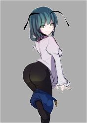 Rule 34 | 1girl, adda, antennae, arched back, ass, blush stickers, breasts, clothes pull, commentary request, green eyes, green hair, grey background, large breasts, looking at viewer, looking back, naughty face, pantyhose, shirt, shorts, shorts pull, simple background, smug, solo, touhou, wriggle nightbug