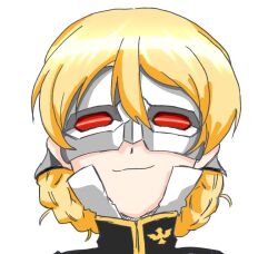 1girl 7654_dog bird blonde_hair blue_eyes braid cosplay darjeeling_(girls_und_panzer) deal_with_it_(meme) eagle full_frontal girls_und_panzer gundam gundam_unicorn looking_at_viewer mask meme military military_uniform necktie neo_zeon parody short_hair smile smug solo toggles twin_braids