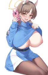 Rule 34 | 1girl, absurdres, blue archive, breasts, brown eyes, brown hair, cleavage, highres, huge breasts, incredibly absurdres, kuavera, large areolae, long hair, moe (blue archive), nipples, smile, solo