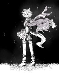 Rule 34 | 1girl, animal ears, armor, arms at sides, asymmetrical bangs, boots, cape, closed mouth, corset, crown, floating cape, full body, grass, greyscale, hair between eyes, highres, horse ears, horse girl, horse tail, jewelry, long sleeves, looking at viewer, looking to the side, mame nabe donko, mini crown, monochrome, multiple rings, ring, shirt, short hair, shoulder armor, skirt, smile, solo, standing, t.m. opera o (umamusume), tail, thick tail, thighhighs, traditional media, umamusume, wind
