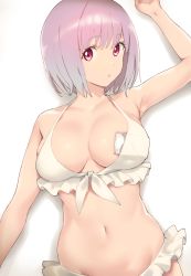 Rule 34 | 10s, 1girl, arm up, armpits, bikini, bob cut, breasts, cellphone, cleavage, commentary request, frilled bikini, frills, front-tie bikini top, front-tie top, gridman universe, halterneck, highres, large breasts, looking at viewer, navel, nekoshoko, object in clothes, object in swimsuit, parted lips, phone, pink eyes, pink hair, shinjou akane, short hair, simple background, skindentation, smartphone, solo, ssss.gridman, stomach, swimsuit, white background, white bikini