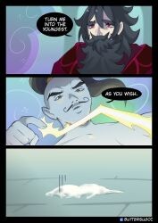 Rule 34 | 2boys, 3koma, artist name, beard, black hair, blue eyes, blue skin, butter sugoi, colored skin, comic, cum, electricity, english text, facial hair, genie, highres, male focus, multiple boys, mustache, original, red eyes, robe, speech bubble, thick eyebrows, topknot