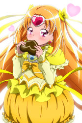Rule 34 | 10s, 1girl, absurdres, bow, brooch, bubble skirt, candy, chocolate, chocolate heart, choker, circlet, cure muse, cure muse (yellow), dress, earrings, eating, food, frills, hair ribbon, heart, highres, jewelry, kiyu (doremi&#039;s party), long hair, magical girl, orange hair, precure, red eyes, ribbon, shirabe ako, skirt, solo, suite precure, tiara, valentine, yellow bow, yellow dress, yellow skirt