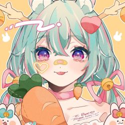 Rule 34 | 1girl, aiueonigiri, animal ears, antlers, bee (vtuber), commission, horns, indie virtual youtuber, jackalope, jackalope girl, looking at viewer, profile, purple eyes, rabbit ears, skeb commission, solo, stuffed carrot, stuffed toy, tongue, tongue out, virtual youtuber, yellow background