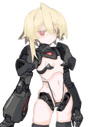 Rule 34 | 1girl, black panties, blonde hair, breasts, commentary request, cowboy shot, expressionless, highleg, highleg panties, highres, joints, long hair, looking at viewer, mechanical arms, navel, original, panties, red eyes, robot girl, robot joints, shimosuke, simple background, small breasts, solo, standing, stomach, underwear, white background