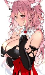 Rule 34 | 1girl, animal ears, arknights, bare shoulders, black gloves, blush, braid, breasts, cleavage, closed mouth, commentary request, detached collar, elbow gloves, fingerless gloves, gloves, hair ornament, highres, kyuu (plastic night q), large breasts, long hair, looking at viewer, pink eyes, pink hair, pozyomka (arknights), simple background, single braid, single glove, solo, upper body, white background