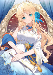 Rule 34 | 1girl, bare shoulders, bison cangshu, blonde hair, blue choker, blue eyes, blue flower, blush, breasts, chair, choker, closed mouth, clothing request, copyright request, curtains, detached sleeves, dress, flower, hair flower, hair ornament, highres, holding, lexington (warship girls r), long hair, long sleeves, looking at viewer, medium breasts, sitting, smile, solo, warship girls r, white dress