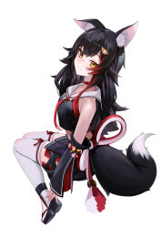 Rule 34 | 1girl, absurdres, animal ear fluff, animal ears, anizi, bare shoulders, bell, black hair, black serafuku, black shirt, black skirt, choker, closed mouth, collarbone, commentary, cropped shirt, cross-laced slit, detached sleeves, floral print, from side, full body, glint, hair ornament, highres, hololive, jingle bell, long hair, looking at viewer, looking to the side, multicolored hair, necktie, ookami mio, ookami mio (1st costume), pleated skirt, red choker, red hair, red necktie, rope, sailor collar, sandals, school uniform, serafuku, shirt, simple background, skirt, sleeveless, sleeveless shirt, smile, solo, streaked hair, tail, thighhighs, virtual youtuber, white background, white sailor collar, white thighhighs, wolf ears, wolf girl, wolf tail, yellow eyes, zouri