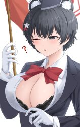 Rule 34 | 1girl, ?, absurdres, animal ears, black bra, black eyes, black hair, black hat, blue archive, blush, bow, bowtie, bra, breasts, chien zero, cleavage, collared shirt, extra ears, flag, gloves, hair ornament, halo, hat, highres, holding, holding flag, large breasts, long sleeves, official alternate costume, one eye closed, open mouth, red bow, red bowtie, red halo, shirt, short hair, simple background, solo, tour guide, tsubaki (blue archive), tsubaki (guide) (blue archive), underwear, upper body, white background, white gloves, white shirt