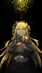 Rule 34 | 1girl, abigail williams (fate), black background, black bow, black dress, black hat, blonde hair, bow, crying, crying with eyes open, dress, fate/grand order, fate (series), floating hair, hair bow, hat, highres, holding, holding stuffed toy, kankan33333, long hair, looking up, multiple hair bows, open mouth, parted bangs, sleeves past wrists, solo, standing, stuffed animal, stuffed toy, tears, teddy bear, very long hair, yellow bow, yellow eyes