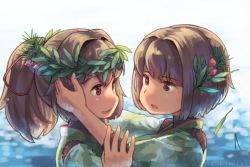 Rule 34 | 10s, 2girls, brown hair, commentary request, hair ribbon, hands on another&#039;s face, hyuuga (kancolle), ise (kancolle), japanese clothes, kantai collection, leaf, leaf on head, long hair, multiple girls, nontraditional miko, ocean, ponytail, red ribbon, ribbon, seshiya, short hair, smile, twitter username, undershirt, upper body, wreath
