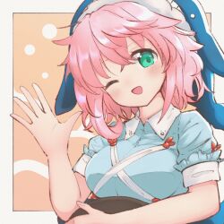 Rule 34 | 1girl, blue jacket, border, breasts, green eyes, holding, holding tray, jacket, looking at viewer, nazawa (nother), okunoda miyoi, one eye closed, pink hair, short hair, short sleeves, solo, touhou, tray, waving, whale hat, white border
