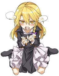 Rule 34 | 1girl, blonde hair, blush, bow, braid, full body, hair between eyes, hair bow, highres, kirisame marisa, long hair, long sleeves, looking at viewer, manarou, no headwear, open mouth, purple bow, side braid, simple background, single braid, sitting, solo, suggestive fluid, tears, tongue, tongue out, touhou, wariza, white background, yellow eyes