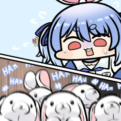 Rule 34 | 1girl, animal ears, blue hair, blurry, chibi, collared shirt, commentary request, hair between eyes, hair ornament, hair ribbon, hololive, jazz jack, laughing, lowres, open mouth, rabbit, rabbit ears, rabbit girl, ribbon, shirt, solo, sweat, teeth, thick eyebrows, upper body, upper teeth only, usada pekora, usada pekora (casual), virtual youtuber, white shirt