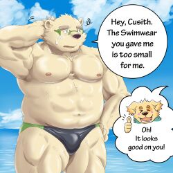Rule 34 | &gt; &lt;, 2boys, abs, animal ears, bad id, bad twitter id, bara, beach, bear boy, bear ears, belly, black male swimwear, blush, bulge, cu sith (housamo), english text, fawn2661, furry, furry male, furry with furry, glasses, green-framed eyewear, green male swimwear, highres, large pectorals, leib (housamo), light blush, male focus, male swimwear, mature male, motion lines, multicolored male swimwear, multiple boys, muscular, muscular male, navel, nipples, pectorals, plump, scratching head, short hair, shy, smile, solo focus, squiggle, standing, stomach, strongman waist, swim briefs, thick eyebrows, thick thighs, thighs, tokyo houkago summoners, topless male, water, yaoi