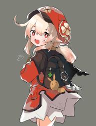 Rule 34 | 1girl, absurdres, ahoge, backpack, bag, dress, feathers, genshin impact, hair between eyes, hat, hat feather, highres, klee (genshin impact), long hair, long sleeves, looking at viewer, looking back, low twintails, red dress, red eyes, red hat, retri, smile, solo, twintails, white feathers