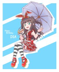 Rule 34 | 1girl, :d, alternate hairstyle, ankle strap, aqua background, aqua eyes, beach umbrella, birthday, black hair, black umbrella, blue background, blue umbrella, blunt bangs, blush, border, bow, bracelet, breasts, character name, cross-laced clothes, dated, dress, drop shadow, english text, facial mark, frills, full body, green eyes, hair bow, hair ornament, hair ribbon, hairclip, happy birthday, highres, holding, holding umbrella, invisible chair, jewelry, kurosawa dia, lace, lace trim, layered skirt, lolita fashion, long hair, looking at viewer, love live!, love live! school idol festival, love live! school idol festival all stars, love live! sunshine!!, mole, mole under mouth, oil-paper umbrella, one side up, open mouth, outline, parasol, pink umbrella, pinky out, pom pom (clothes), red bow, red dress, red footwear, red skirt, red umbrella, ribbon, sash, shared umbrella, shiroyama-san, shoes, sitting, skirt, sleeveless, small breasts, smile, solo, striped, striped background, striped bow, thighhighs, twintails, two-tone background, two side up, umbrella, white outline, white umbrella, white wrist cuffs, wrist cuffs, wrist ribbon, wristband