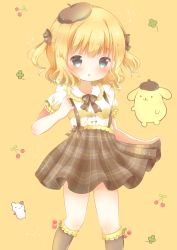 Rule 34 | 1girl, :3, :o, beret, blonde hair, blush, bow, breasts, brown bow, brown hat, brown skirt, brown socks, cherry, closed mouth, clover, collared shirt, commentary request, food, four-leaf clover, frilled shirt collar, frills, fruit, gochuumon wa usagi desu ka?, green eyes, hair bow, hand up, hat, highres, kirima syaro, kneehighs, orange background, parted lips, plaid, plaid skirt, pompompurin, puffy short sleeves, puffy sleeves, rin (fuwarin), sanrio, shirt, short sleeves, skirt, small breasts, socks, suspender skirt, suspenders, two side up, yellow shirt