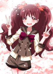 Rule 34 | 1girl, ai wa muteki, blouse, bow, bowtie, brown sailor collar, brown shorts, brown vest, collared vest, commentary request, cowboy shot, double v, hair ribbon, highres, kanie (precure), long hair, long sleeves, looking at viewer, open mouth, partial commentary, pink ribbon, precure, purple bow, purple bowtie, red eyes, red hair, ribbon, sailor collar, school uniform, second wangan school uniform, shirt, short shorts, shorts, smile, solo, standing, twintails, v, vest, white shirt, wonderful precure!