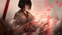 Rule 34 | 1boy, black hair, brown eyes, cherry blossoms, expressionless, from software, hei xue, highres, japanese clothes, kimono, kuro the divine heir, looking at viewer, male focus, petals, sekiro: shadows die twice, short hair, solo