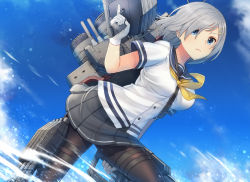 Rule 34 | 1girl, black pantyhose, blue eyes, breasts, commentary request, eyes visible through hair, gloves, hair ornament, hair over one eye, hairclip, hamakaze (kancolle), itou (onsoku tassha), kantai collection, large breasts, machinery, neckerchief, pantyhose, pleated skirt, rigging, school uniform, serafuku, short hair, short sleeves, silver hair, skirt, smokestack, torn clothes, torn legwear, torpedo, torpedo launcher, turret, white gloves, yellow neckerchief