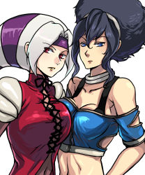 Rule 34 | 2girls, bad id, bad pixiv id, bare shoulders, black hair, blue eyes, bra strap, breast press, breasts, diana (kof), extra, face, foxy (kof), hairband, highres, jewelry, kkaiju, large breasts, midriff, multicolored hair, multiple girls, necklace, purple hair, red eyes, scrunchie, snk, the king of fighters, white hair