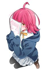 Rule 34 | 1girl, absurdres, ahoge, blush, closed mouth, collared shirt, commentary request, covering face, drawing, drawstring, full body, highres, holding, holding notebook, hood, hood down, hooded jacket, jacket, kashikaze, long hair, love live!, love live! nijigasaki high school idol club, medium hair, neck ribbon, nijigasaki school uniform, notebook, open clothes, open jacket, pantyhose, pink hair, ribbon, school uniform, seiza, shirt, sitting, skirt, sleeves past fingers, sleeves past wrists, solo, tennoji rina, very long hair, yellow eyes, yellow ribbon