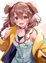 Rule 34 | 1girl, :3, :d, akamoku, animal ears, artist name, bare shoulders, blush, bone hair ornament, bone print, braid, breasts, brown eyes, brown hair, collar, collarbone, commentary request, dog ears, dress, fangs, hair between eyes, hair ornament, highres, hololive, index finger raised, inugami korone, jacket, long hair, looking at viewer, open mouth, red collar, removing jacket, simple background, small breasts, smile, solo, twin braids, upper body, virtual youtuber, white background, white dress, yellow jacket