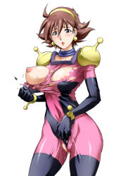 Rule 34 | 1990s (style), 1girl, blue eyes, blush, bodysuit, breasts, brown hair, covered erect nipples, curvy, earrings, g gundam, gloves, gundam, highres, jewelry, kon-kit, large breasts, looking at viewer, mobile trace suit, nipples, one breast out, open mouth, pussy, rain mikamura, retro artstyle, self clothes tearing, short hair, shoulder pads, simple background, solo, sweat, tearing clothes, thighhighs, torn clothes, wedgie, white background