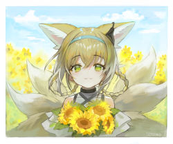 Rule 34 | 1girl, animal ears, arknights, bare shoulders, black choker, blue hairband, border, braid, braided hair rings, choker, colored tips, commentary, dress, flower, fox ears, fox tail, green eyes, hair rings, hairband, highres, holding, holding flower, infection monitor (arknights), kitsune, kyuubi, looking at viewer, multicolored hair, multiple tails, outdoors, smile, solo, soyoong jun, sunflower, suzuran (arknights), tail, twin braids, upper body, white dress, white hair