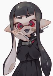 Rule 34 | 1girl, :d, artist name, bandaged arm, bandages, bandaid, bandaid on cheek, bandaid on face, black hair, black sailor collar, black shirt, black skirt, black tongue, blunt bangs, blush, colored tongue, commentary request, fang, hands up, highres, inkling, inkling girl, inkling player character, long hair, long sleeves, looking at viewer, neckerchief, nintendo, open mouth, own hands together, pleated skirt, pointy ears, red eyes, red neckerchief, sahata saba, sailor collar, school uniform, serafuku, shirt, short eyebrows, sidelocks, simple background, skirt, smile, solo, splatoon (series), standing, tentacle hair, thick eyebrows, twitter username, white background