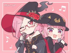 Rule 34 | 2girls, ;), baseball cap, black choker, black dress, black headwear, blush stickers, breasts, chibi, choker, cleavage, commentary, dress, english commentary, glasses, hat, holding, holding microphone, hololive, hololive english, kukie-nyan, large breasts, looking at viewer, mamamori, mature female, mature male, microphone, mori calliope, mother and daughter, multiple girls, one eye closed, red eyes, smile, twitter username, virtual youtuber, witch, witch hat