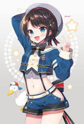 Rule 34 | 1girl, :d, animal, arm behind head, arm up, backwards hat, baseball cap, belt, beret, bird, black hair, blue eyes, blue shirt, blue shorts, blush, breasts, commentary request, cowboy shot, crop top, duck, grey background, grey headwear, grey shirt, hand up, hat, highres, hololive, long sleeves, looking at viewer, mauve, midriff, navel, oozora subaru, oozora subaru (work), open mouth, parted bangs, puffy long sleeves, puffy sleeves, shirt, short shorts, shorts, sleeves past wrists, small breasts, smile, star (symbol), striped clothes, striped shirt, subaru duck, twitter username, v, vertical-striped clothes, vertical-striped shirt, virtual youtuber, white belt