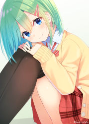 Rule 34 | 1girl, aqua hair, black thighhighs, blonde hair, blush, bow, bowtie, cardigan, commentary, diagonal-striped bow, diagonal-striped bowtie, diagonal-striped clothes, feet out of frame, from side, gradient hair, green hair, hair ornament, hairclip, hands on own knees, knees to chest, long sleeves, looking at viewer, looking to the side, medium hair, multicolored hair, neck ribbon, original, over-kneehighs, plaid, plaid skirt, pleated skirt, ribbon, school uniform, shirai tanuki, shirt, sitting, skirt, smile, solo, striped bow, striped bowtie, striped clothes, striped neckwear, striped ribbon, takeda emi, thighhighs, twitter username, white shirt, yellow cardigan